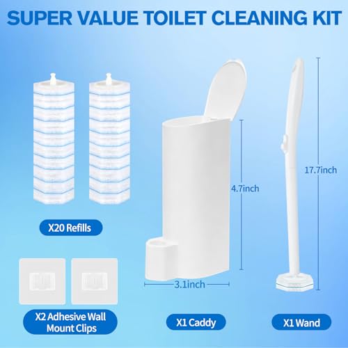 Toilet Brush and Holder Set - Disposable Toilet Bowl Wand Refills with Toilet Bowl Cleaners, Toilet Brush Set Includes 20 Refill Heads, Wand & Storage Caddy - 5X Cleaning Power - size: Starter Kit+20 Refill Heads