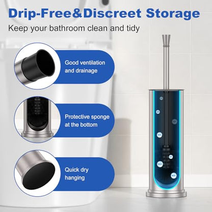 Nickel Brush and Holder，Extra Long Handled Nickel Brush for Bathroom，Stainless Steel Heavy Duty Toilet Bowl Brush,Deep Cleaning Modern Toilet Cleaner Brush -Space Saving