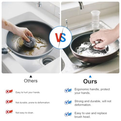 7PCS Steel Wool Scrubber Pads, Stainless Steel Scrubber Set with 1PCS Handle, Metal Scrubbers for Cleaning Kitchen and Household, Dishes, Stoves, Grill, Wash Sink, Pots