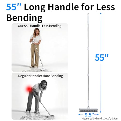 Floor Scrub Brush with 55" Long Handle, 2-in-1 Floor Brush with Built-in Squeegee, Adjustable Angle Head and Stiff Bristles for Tile, Wood, Concrete & Textured Floor Cleaning