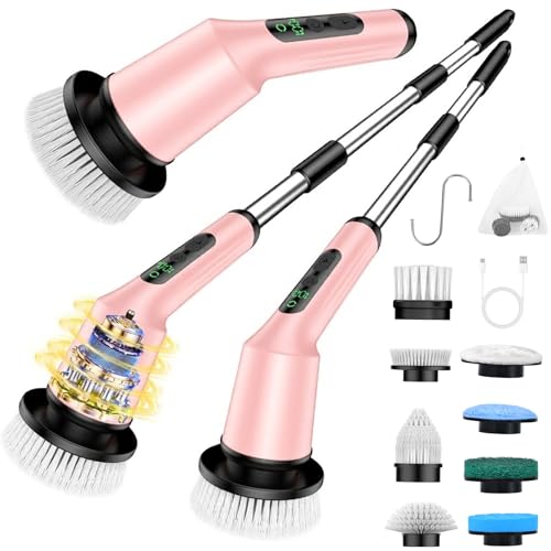 Shower Scrubber with Long Handle, Shower Cleaner Brush with 8 Floor Machine Pads, Cordless Electric Spin Scrubber for Cleaning with 2 Speed, Cleaning Supplies for Bathroom Bathtub Kitchen Floor Toilet - color: Pink, size: 8 Brush Heads