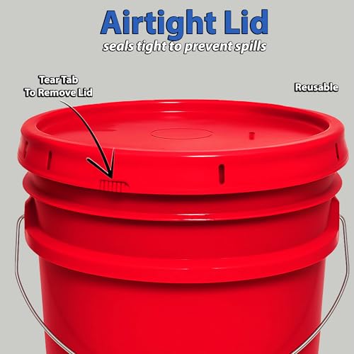 MKS Plastics 5-Gallon Bucket with Airtight Lid – Made in USA, Food Grade BPA Free Plastic, Heavy Duty Multi-Use, Metal Handle with Grip, Stackable Storage – Red, 6 Pack - color: Red, size: 6