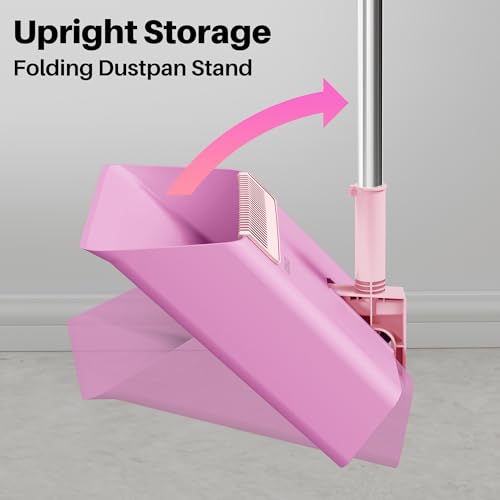 JOYMOOP Pink Broom and Dustpan Set, Upright Angle with Built-in Comb Teeth for Kitchen, Lobby, Pet Hair and Hard Floors - color: Lavender Pink & Sakura Pink