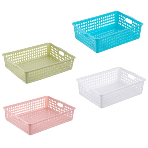 4 Pcs Plastic Storage Baskets with Handles, A4 Size Colorful Paper Trays Plastic Baskets for Organizing, Classroom Storage Bins for Home Office School - size: 4PCS