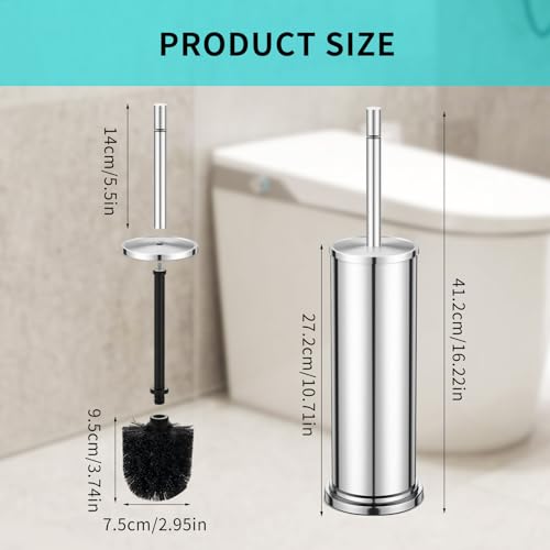 Chrome Toilet Brush and Holder Set,304 Stainless Steel Toilet Brush for Bathroom with Long Handle, Heavy Duty Toilet Bowl Brush,Removable Inner Bowl and Splash Protection,Deep Cleaning - color: Chrome