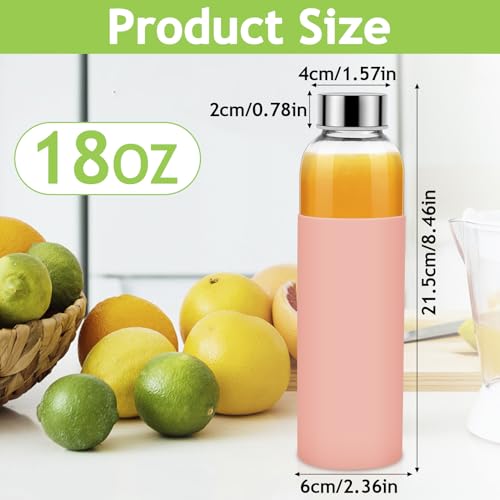 6Pack Glass Juice Bottles, 18 Oz Glass Water Bottles, Reusable Drinking Bottle with Stainless Steel Cap, Silicone Sleeve 1 Brush, Clear Water Bottle for Juice Beverages, BPA Free & Leak Proof
