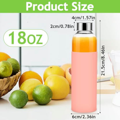 6Pack Glass Juice Bottles, 18 Oz Glass Water Bottles, Reusable Drinking Bottle with Stainless Steel Cap, Silicone Sleeve 1 Brush, Clear Water Bottle for Juice Beverages, BPA Free & Leak Proof