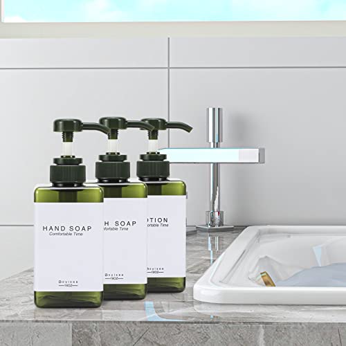 Plastic Refillable Hand Soap Dispenser Modern Square Pump Bottle for Bathroom Vanities or Kitchen Sink, Countertops - 3 Packs with Waterproof Label(Green) - color: 3 Bottles-green