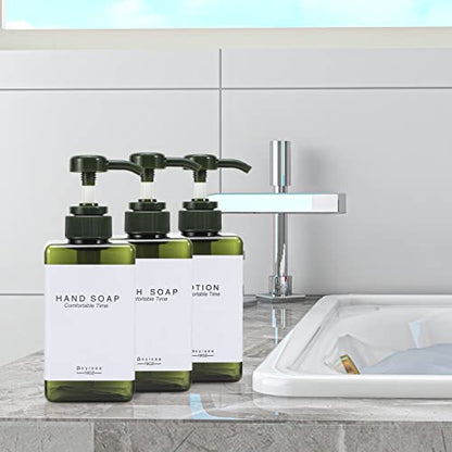 Plastic Refillable Hand Soap Dispenser Modern Square Pump Bottle for Bathroom Vanities or Kitchen Sink, Countertops - 3 Packs with Waterproof Label(Green) - color: 3 Bottles-green