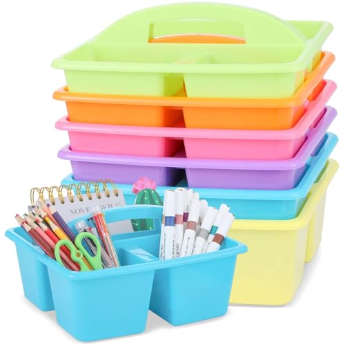 6 Pack Classroom Caddy with Handle Plastic Storage Caddy Organizer with 3 Compartments Desk Caddies Holder Portable Storage Bin for Pencil, Crayon, Marker, Home, Office, School Supply(Colorful) - color: Colorful