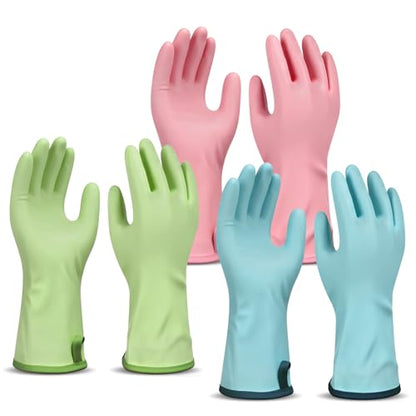 Household Gloves Waterproof with Flock Lining for Dishwashing Cleaning Reusable No-slip for Kitchen & Bathroom 3 Pairs Medium Blue+Green+Pink