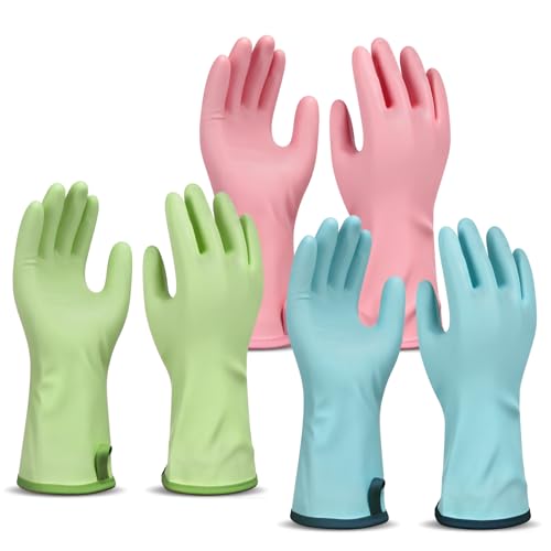 Household Gloves Waterproof with Flock Lining for Dishwashing Cleaning Reusable No-slip for Kitchen & Bathroom 3 Pairs Medium Blue+Green+Pink