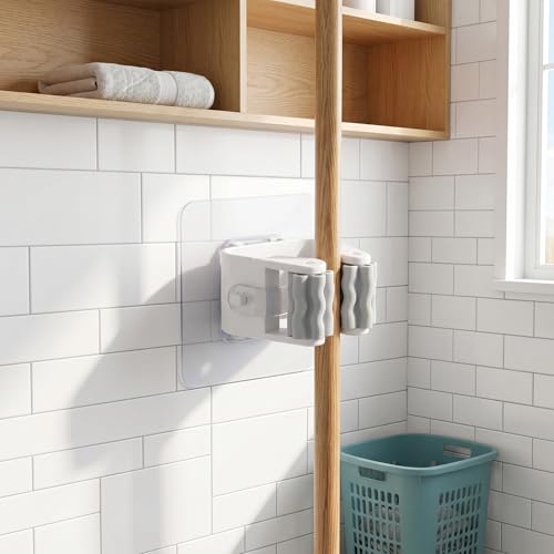 5pcs Strong Adhesive Wall Mount No-Drill Mop & Broom Holder-White - color: White
