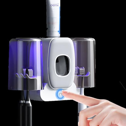 2 Cups Wall-Mounted Toothbrush Sterilizer Holder with Toothpaste Dispenser - 4 Slots,3 in 1 Toothbrush Cleaner, No Drilling, USB Charging, Ideal for Family Bathroom (Grey-Double Cup) - color: Grey-double Cup