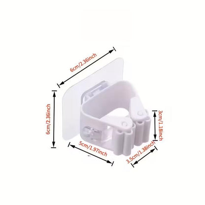4 Pack No-Drill Adhesive Wall-Mounted Mop & Broom Holder, Space-Saving Bathroom Organizer with Strong Adhesive Clips, Plastic Storage Rack for Toilet Brush, Mop, Broom, White