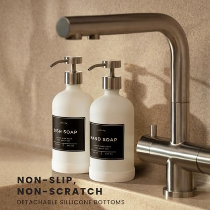 Hand and Dish Soap Dispenser for Kitchen and Bathroom, Set of 2 16 Oz Glass Bottles, Stainless Steel Pumps, Non-Slip Silicone Base, 27 Waterproof Labels (Matte White Bottle/Brushed Silver Pump) - color: Matte White Bottle / Brushed Silver Pump