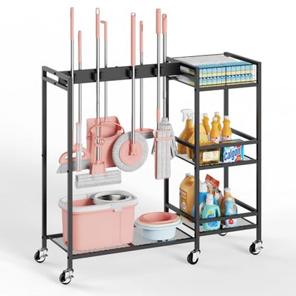 Broom and Mop Holder, Broom Closet Storage Cabinet with Cleaning Supplies Organizer, 2-in-1 Broom Mop and Cleaning Supplies Storage Cleaning Cart, Cleaning Cart with Wheels for Housekeeping - size: 37.4" x 13" x 34.2"