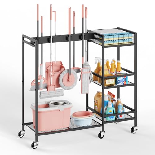 Broom and Mop Holder, Broom Closet Storage Cabinet with Cleaning Supplies Organizer, 2-in-1 Broom Mop and Cleaning Supplies Storage Cleaning Cart, Cleaning Cart with Wheels for Housekeeping - size: 37.4" x 13" x 34.2"