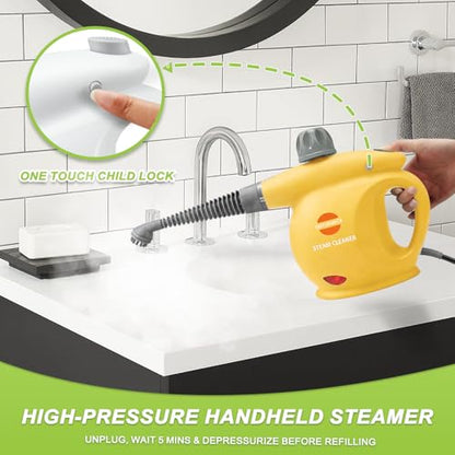 Handheld Steam Cleaner, Pressurized Multi-Surface Steam Shot with 13 Accessories, Safety Lock, Steamer for Cleaning Floor, Upholstery, Grout, Windows, Couch and Car (Yellow) - color: Yellow