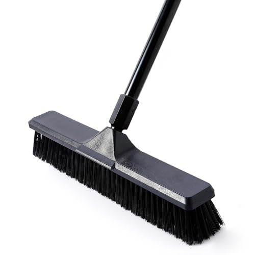 Eyliden 18" Push Broom for Deck Driveway Patio Garage | Heavy-Duty Stiff Bristles Sweeper with 66" Adjustable Handle | Outdoor Concrete Sidewalk Yard Snow Cleaning Tool, Black