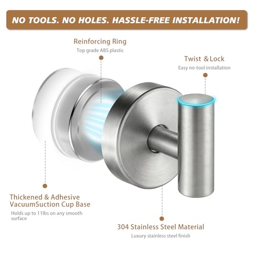 Suction Cup Hooks, Removable Shower Hooks, Brushed Nickel, 2-Pack | No Wall Damage | Strong Hold on Tile, Glass & Mirrors | Kitchen & Bathroom Use | Perfect for Towels, Loofahs, Robes & Coats - style: Brushed Nickel