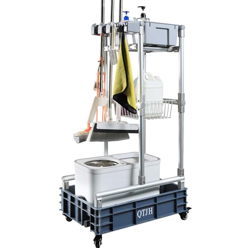 Rolling Cleaning Cart with Mop & Broom Organizer ， Convenient Storage Cart for Janitorial Supplies, Tools, and Cleaning Equipment ， Floor Cleaning Station with Wheels for Housekeeping, Garage &Garden