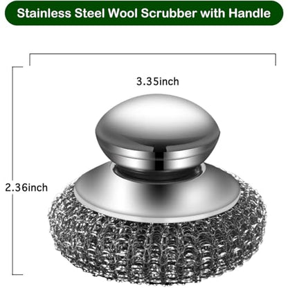 Steel Wool Scrubber with 2 Handles & 3 Replacement Wire Sponge(Scouring Pads) - Stainless Metal Cleaner Heavy Duty Brush for Pots, Pans, Cast Iron, Grill, Sink, Dishes, Stove, Kitchen Deep Clean