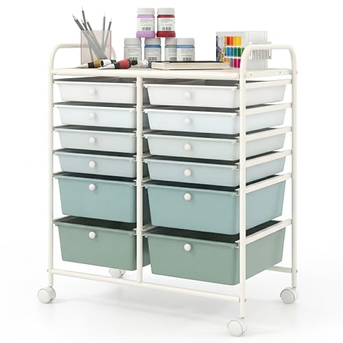 COSTWAY 12-Drawer Rolling Storage Cart, Moveable Art Supply Organizer w/Lockable Wheels, Metal Shelf, Multipurpose Tools Paper Storage Craft Cart for Office, Home, School, Teacher Green Gradient - color: Green Gradient, size: 12 Drawer