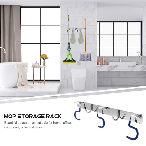 FENICAL Heavy-Duty Wall-Mounted S-Type Mop Hook Holder 304 Stainless Steel Rack with 3 Mop Slots and 2 Utility Hooks for Kitchen Garage Bathroom Storage