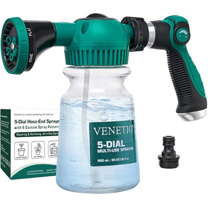 VENETIO 5-Dial Hose-End Sprayer - 6 Adjustable Spray Patterns Nozzle & 30oz Refillable Bottle for Liquid Fertilizer, Weed Killer & Soap | Lawn, Garden, Car Wash & Outdoor Cleaning Versatile Spray Gun - style: Sprayer (30 oz)
