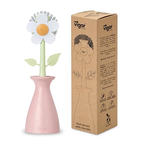 Vigar Florganic Dish Brush with Holder - Dish Scrubber with Handle for Dishes, Kitchen Sink Cleaning Brush, Pot Scrubber, Kitchen Scrub Brush, Dishwashing Brush Tool for Sink Cleaning - Pink - color: Pink