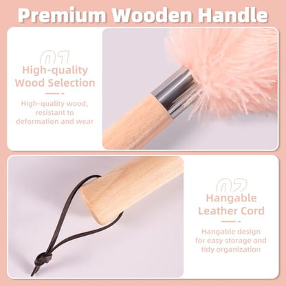 Pink Ostrich Feather Duster with Wooden Handle, 13.5 inch Natural Fluffy Cleaning Tool for Dusting Home, Car, Delicate Surfaces, Reusable Decorative Duster for Ledges, Blinds & Delicate Home Decor