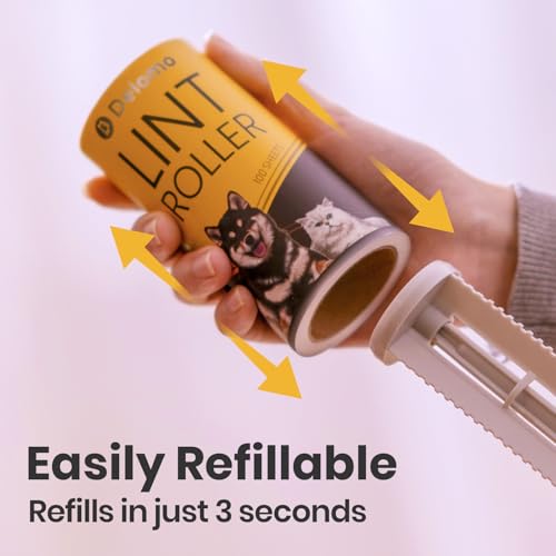 DELOMO Extra Sticky Lint Roller for Pet Hair, 600 Sheets Mega Pack (2 Rollers+ 4 Refills), Pet Hair Remover for Clothes, Couch, Furniture, Bedding, Car Seats - Easy Peel Design for Dog Cat Owners - size: C: 2 Rollers + 4 Refills ( 600 Sheets Total )