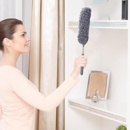 Extendable Feathers Duster Bendable Microfiber Long Handled Duster, Flexible Hand Cobweb Cleaner with Telescoping Pole for Cleaning High Ceiling Fans, Cars, Blinds, Cobweb, Furniture - color: Gray