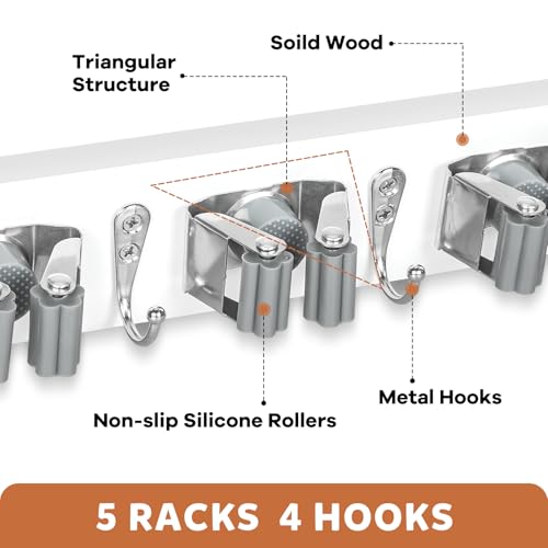 IMILLET Broom Holder Wall Mount, Wood Broom Holder with 5 Racks and 4 Hooks Broom Organizer, Laundry Room Organization and Storage, Mop Hanger for Home Organization, Garden, Garage, Closet (White) - style: Rustic