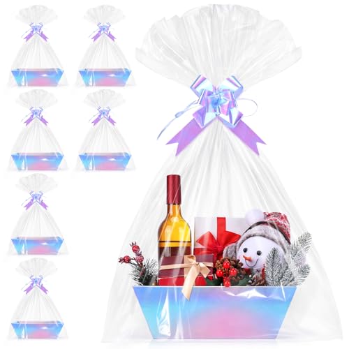 AFOROEOA 6PACK Laser Baskets for Gifts Empty, 12x10x4” Holographic Iridescent Gift Basket Kit with 6 Bows & 6 Bags - Kraft Empty Gift Baskets for Christmas, Weddings, Birthdays, Holiday Gifting Hampers - color: 6 Laser