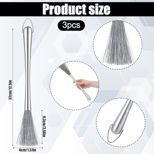 3 Pieces Stainless Steel Dish Brush with Handle, Metal Steel Wool Scrubber for Cast Iron, Cookware, Pot, Pan, Grill, Griddle, Stoves, Sink, Kitchen Scrub Brush for Cleaning