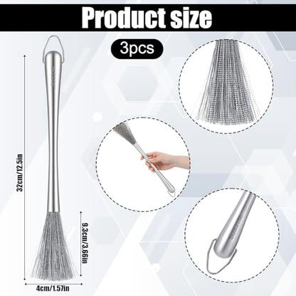 3 Pieces Stainless Steel Dish Brush with Handle, Metal Steel Wool Scrubber for Cast Iron, Cookware, Pot, Pan, Grill, Griddle, Stoves, Sink, Kitchen Scrub Brush for Cleaning