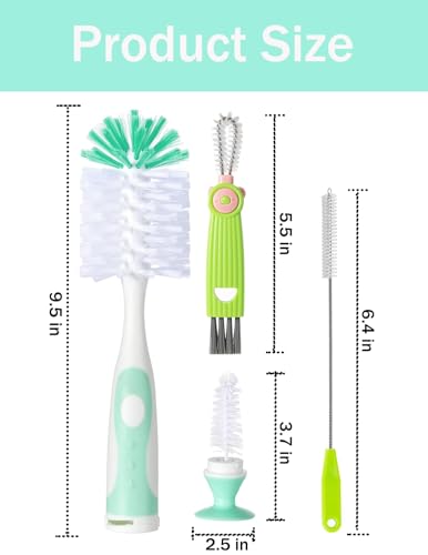 Baby Bottle Brush Set 4 in 1, Baby Bottle Cleaner, with 1P Nylon Bottle Brush, 1P Bottle Cap Brushes, 2P Straw Brushes, Bottle Brush with Nipple Cleaner and Suction Cup, BPA-Free(Green) - color: Green-nylon Brush