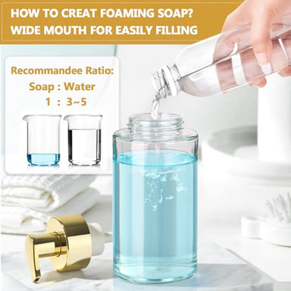 RYTOXILO Foaming Soap Dispenser, 10 oz/300ml Gold Soap Dispenser, 2 Pack Glass Foaming Hand Dispenser for Bathroom & Kitchen, Clear Refillable Foam Bottle with Waterproof Labels - color: Clear Bottle, size: 10 Fl oz with Gold Pump