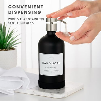 Hand and Dish Soap Dispenser for Kitchen and Bathroom, Set of 2 16 Oz Glass Bottles, Stainless Steel Pumps, Non-Slip Silicone Base, 27 Waterproof Labels (Matte Black Bottle/Brushed Silver Pump) - color: Matte Black Bottle / Brushed Silver Pump