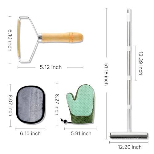 Carpet Rake for Pet Hair Removal, 4 in 1 Reusable Pet Hair Removal Tool Kit, 50'' Adjustable Long Handle Dog & Cat Hair Remover Broom with Handle & 2 Pets Hair Removal Gloves for Carpets, Rugs, Couch