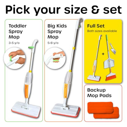 Quiggly Big Kid Toy Cleaning Set - Spray Mop, Broom, Dustpan, Ages 5-8 | Plus brush, one-hand squeeze & spray, Montessori cleaning 4-piece tool kit - size: Big Kid, style: Cleaning Set