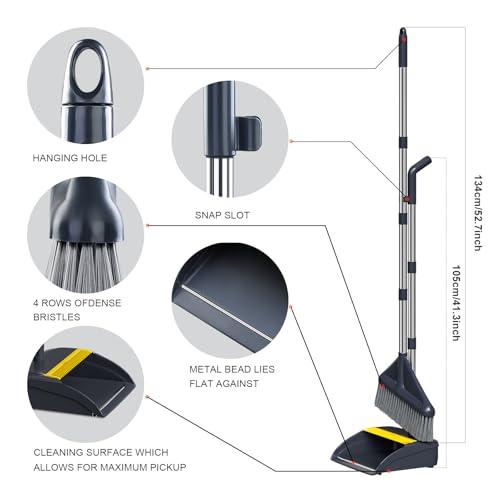 MOPUP Broom and Dustpan Set, 52 inch Long Adjustable Handle Broom with Dustpan Teeth to Self-Cleaning Clean Hair Suitable for Home Kitchen Office
