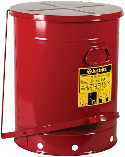 Justrite 21 Gallon Galvanized Steel Oily Waste Can, 23.5" x 18" Metal Oil Rag Safety Can with Foot Operated Self-Closing Lid for Oil Rag Disposal, Made in The USA, Red, 09700 - color: Red, size: 21 Gallon, style: Foot-Operated Lid