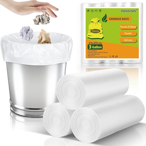 3 Gallon Disposable Trash Bags - Unscented Bulk Office Garbage Can Liners Strong Durable Plastic Waste Basket Liner for Home, Bathroom, 3 Rolls, 105 Count, Clear White Inwaysin - style: Clear White-3Gal-105