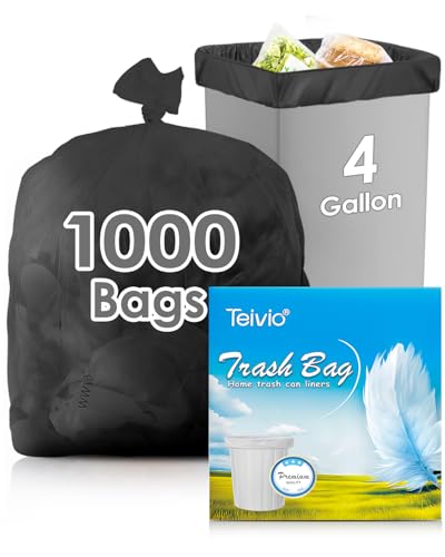 4 Gallon 1000 Counts Small Black Trash Bag Bulk Garbage Bags by Teivio, Bathroom Trash Can Bin Liners, Small Plastic Bags for home office kitchen - size: 1 Count (Pack of 1000), style: 1000pcs-4 Gallon-Black