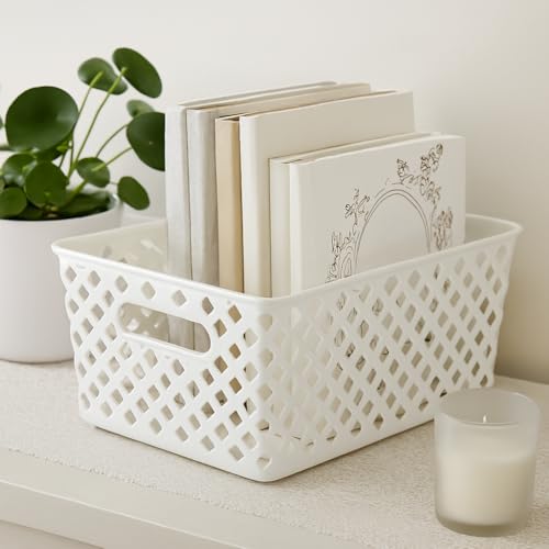 Medium Decorative Plastic Storage Basket, White Organizer Bin, 14 x 11.5 x 5.3 Inches for Home, Closet, Bathroom, Kitchen Organization
