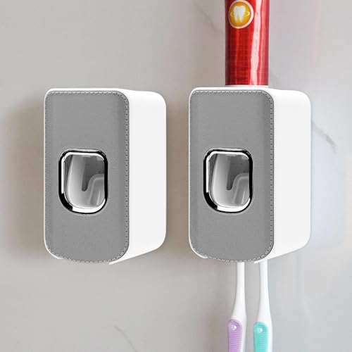 2 Slot Toothbrush Holder and Toothpaste Dispenser Wall Mounted, Automatic Toothpaste Squeezer, 2 in 1 Tooth Brush Toothpaste Organizer for Shower (Grey 2Pack) - color: Grey - Type B, size: 2