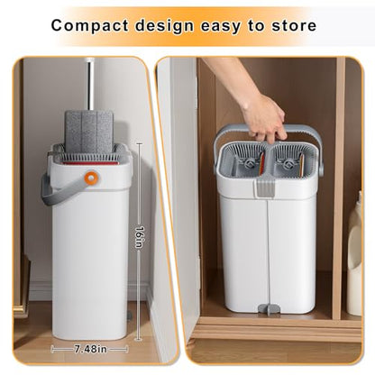 Mop and Bucket Set, Flat Mop and Bucket System, Mop Bucket with Wringer, Wall Mop with Adjustable Handle (Max 61 Inches), 5 Washable Microfiber Mop Pads